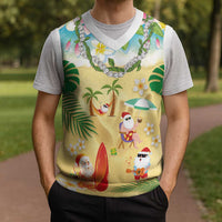 Hawaiian Mele Kalikimaka Christmas Knitted V-Neck Vest Funny Santa Claus on Beach with Tropical Plants and Lei - Polynesian Pride