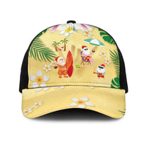 Hawaiian Mele Kalikimaka Mesh Trucker Cap Funny Santa Claus on Beach with Tropical Plants and Lei - Polynesian Pride