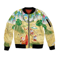Hawaiian Mele Kalikimaka Sleeve Zip Bomber Jacket Tropical Plumeria and Lei Funny Santa Beach - Polynesian Pride