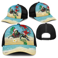 Hawaiian Mele Kalikimaka Baseball Net Cap Xmas Turtles and Tropical Plants with Red Poinsettia Watercolor Style - Polynesian Pride
