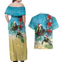 Hawaiian Mele Kalikimaka Couples Matching Off Shoulder Maxi Dress and Hawaiian Shirt Tropical Xmas Turtles Red Poinsettia Watercolor - Polynesian Pride