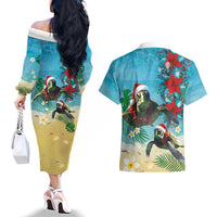 Hawaiian Mele Kalikimaka Couples Matching Off The Shoulder Long Sleeve Dress and Hawaiian Shirt Tropical Xmas Turtles Red Poinsettia Watercolor - Polynesian Pride