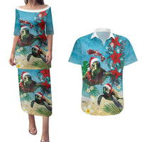 Hawaiian Mele Kalikimaka Couples Matching Puletasi and Hawaiian Shirt Tropical Xmas Turtles Red Poinsettia Watercolor - Polynesian Pride