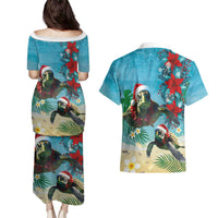 Hawaiian Mele Kalikimaka Couples Matching Puletasi and Hawaiian Shirt Tropical Xmas Turtles Red Poinsettia Watercolor - Polynesian Pride