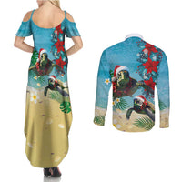 Hawaiian Mele Kalikimaka Couples Matching Summer Maxi Dress and Long Sleeve Button Shirt Tropical Xmas Turtles Red Poinsettia Watercolor - Polynesian Pride