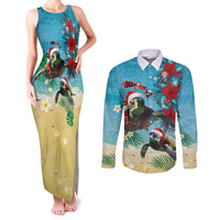Hawaiian Mele Kalikimaka Couples Matching Tank Maxi Dress and Long Sleeve Button Shirt Tropical Xmas Turtles Red Poinsettia Watercolor - Polynesian Pride