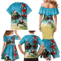 Hawaiian Mele Kalikimaka Family Matching Mermaid Dress and Hawaiian Shirt Tropical Xmas Turtles Red Poinsettia Watercolor - Polynesian Pride