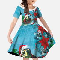 Hawaiian Mele Kalikimaka Family Matching Off Shoulder Maxi Dress and Hawaiian Shirt Tropical Xmas Turtles Red Poinsettia Watercolor - Polynesian Pride