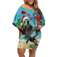 Hawaiian Mele Kalikimaka Family Matching Off Shoulder Short Dress and Hawaiian Shirt Tropical Xmas Turtles Red Poinsettia Watercolor - Polynesian Pride