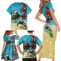 Hawaiian Mele Kalikimaka Family Matching Short Sleeve Bodycon Dress and Hawaiian Shirt Tropical Xmas Turtles Red Poinsettia Watercolor - Polynesian Pride