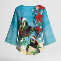 Hawaiian Mele Kalikimaka Kimono Sleeve Blouse Tropical Xmas Turtles Red Poinsettia Watercolor - Polynesian Pride