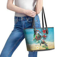 Hawaiian Mele Kalikimaka Leather Tote Bag Tropical Xmas Turtles Red Poinsettia Watercolor - Polynesian Pride
