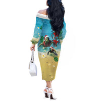 Hawaiian Mele Kalikimaka Off The Shoulder Long Sleeve Dress Tropical Xmas Turtles Red Poinsettia Watercolor - Polynesian Pride