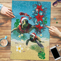 Hawaiian Mele Kalikimaka Puzzle Tropical Xmas Turtles Red Poinsettia Watercolor - Polynesian Pride