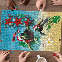 Hawaiian Mele Kalikimaka Puzzle Tropical Xmas Turtles Red Poinsettia Watercolor - Polynesian Pride