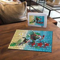 Hawaiian Mele Kalikimaka Puzzle Tropical Xmas Turtles Red Poinsettia Watercolor - Polynesian Pride