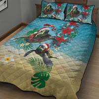 Hawaiian Mele Kalikimaka Quilt Bed Set Tropical Xmas Turtles Red Poinsettia Watercolor - Polynesian Pride