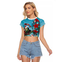 Hawaiian Mele Kalikimaka Raglan Cropped T Shirt Tropical Xmas Turtles Red Poinsettia Watercolor - Polynesian Pride