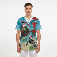 Hawaiian Mele Kalikimaka Scrub Top Tropical Xmas Turtles Red Poinsettia Watercolor - Polynesian Pride