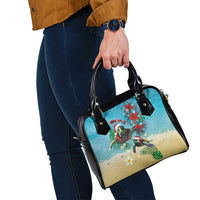 Hawaiian Mele Kalikimaka Shoulder Handbag Tropical Xmas Turtles Red Poinsettia Watercolor - Polynesian Pride