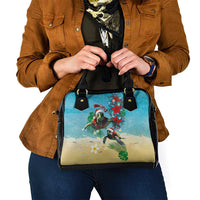 Hawaiian Mele Kalikimaka Shoulder Handbag Tropical Xmas Turtles Red Poinsettia Watercolor - Polynesian Pride