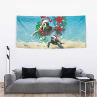 Hawaiian Mele Kalikimaka Tapestry Tropical Xmas Turtles Red Poinsettia Watercolor - Polynesian Pride