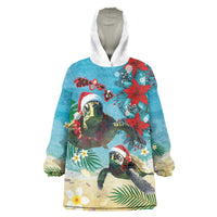 Hawaiian Mele Kalikimaka Wearable Blanket Hoodie Tropical Xmas Turtles Red Poinsettia Watercolor - Polynesian Pride