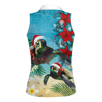 Hawaiian Mele Kalikimaka Women Sleeveless Polo Shirt Tropical Xmas Turtles Red Poinsettia Watercolor - Polynesian Pride