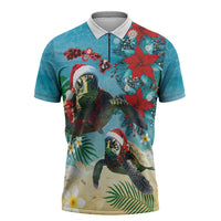 Hawaiian Mele Kalikimaka Zipper Polo Shirt Tropical Xmas Turtles Red Poinsettia Watercolor - Polynesian Pride