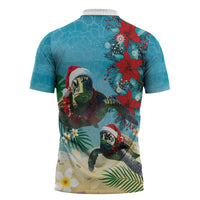 Hawaiian Mele Kalikimaka Zipper Polo Shirt Tropical Xmas Turtles Red Poinsettia Watercolor - Polynesian Pride