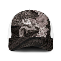 Hawaiian Plumeria and Hibiscus with Turtles Baseball Net Cap Polynesian Art Grayscale - Polynesian Pride