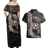 Hawaiian Plumeria and Hibiscus with Turtles Couples Matching Off Shoulder Maxi Dress and Hawaiian Shirt Polynesian Art Grayscale - Polynesian Pride