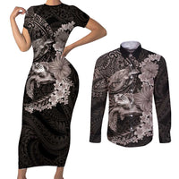 Hawaiian Plumeria and Hibiscus with Turtles Couples Matching Short Sleeve Bodycon Dress and Long Sleeve Button Shirt Polynesian Art Grayscale - Polynesian Pride