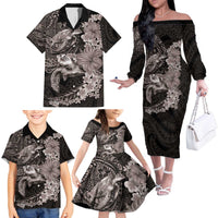Hawaiian Plumeria and Hibiscus with Turtles Family Matching Off The Shoulder Long Sleeve Dress and Hawaiian Shirt Polynesian Art Grayscale - Polynesian Pride