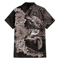 Hawaiian Plumeria and Hibiscus with Turtles Family Matching Off The Shoulder Long Sleeve Dress and Hawaiian Shirt Polynesian Art Grayscale - Polynesian Pride