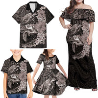 Hawaiian Plumeria and Hibiscus with Turtles Family Matching Off Shoulder Maxi Dress and Hawaiian Shirt Polynesian Art Grayscale - Polynesian Pride