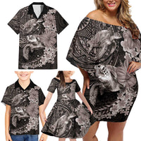 Hawaiian Plumeria and Hibiscus with Turtles Family Matching Off Shoulder Short Dress and Hawaiian Shirt Polynesian Art Grayscale - Polynesian Pride
