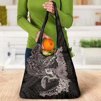 Hawaiian Plumeria and Hibiscus with Turtles Grocery Bag Polynesian Art Grayscale - Polynesian Pride