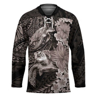 Hawaiian Plumeria and Hibiscus with Turtles Hockey Jersey Polynesian Art Grayscale - Polynesian Pride