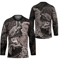 Hawaiian Plumeria and Hibiscus with Turtles Hockey Jersey Polynesian Art Grayscale - Polynesian Pride