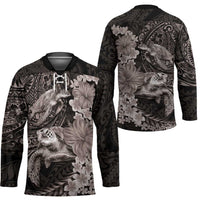 Hawaiian Plumeria and Hibiscus with Turtles Hockey Jersey Polynesian Art Grayscale - Polynesian Pride