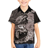Hawaiian Plumeria and Hibiscus with Turtles Kid Hawaiian Shirt Polynesian Art Grayscale - Polynesian Pride
