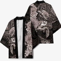 Hawaiian Plumeria and Hibiscus with Turtles Kimono Polynesian Art Grayscale - Polynesian Pride
