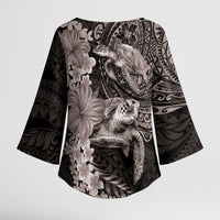 Hawaiian Plumeria and Hibiscus with Turtles Kimono Sleeve Blouse Polynesian Art Grayscale - Polynesian Pride