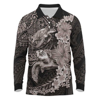 Hawaiian Plumeria and Hibiscus with Turtles Long Sleeve Polo Shirt Polynesian Art Grayscale - Polynesian Pride