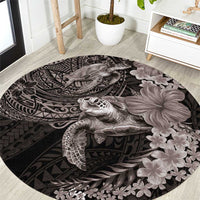 Hawaiian Plumeria and Hibiscus with Turtles Round Carpet Polynesian Art Grayscale - Polynesian Pride