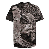 Hawaiian Plumeria and Hibiscus with Turtles Rugby Jersey Polynesian Art Grayscale - Polynesian Pride