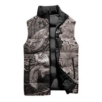 Hawaiian Plumeria and Hibiscus with Turtles Sleeveless Puffer Jacket Polynesian Art Grayscale - Polynesian Pride