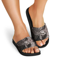 Hawaiian Plumeria and Hibiscus with Turtles Slide Sandals Polynesian Art Grayscale - Polynesian Pride