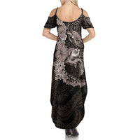 Hawaiian Plumeria and Hibiscus with Turtles Summer Maxi Dress Polynesian Art Grayscale - Polynesian Pride